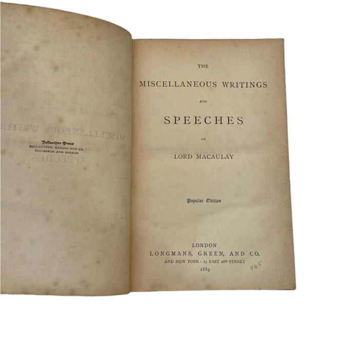 1889 Macaulay Miscellaneous Writings Speeches Full Calf Leather Book