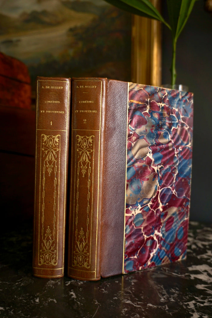 2 Vol. "Comédies et Proverbes" French Half Purple Leather Books