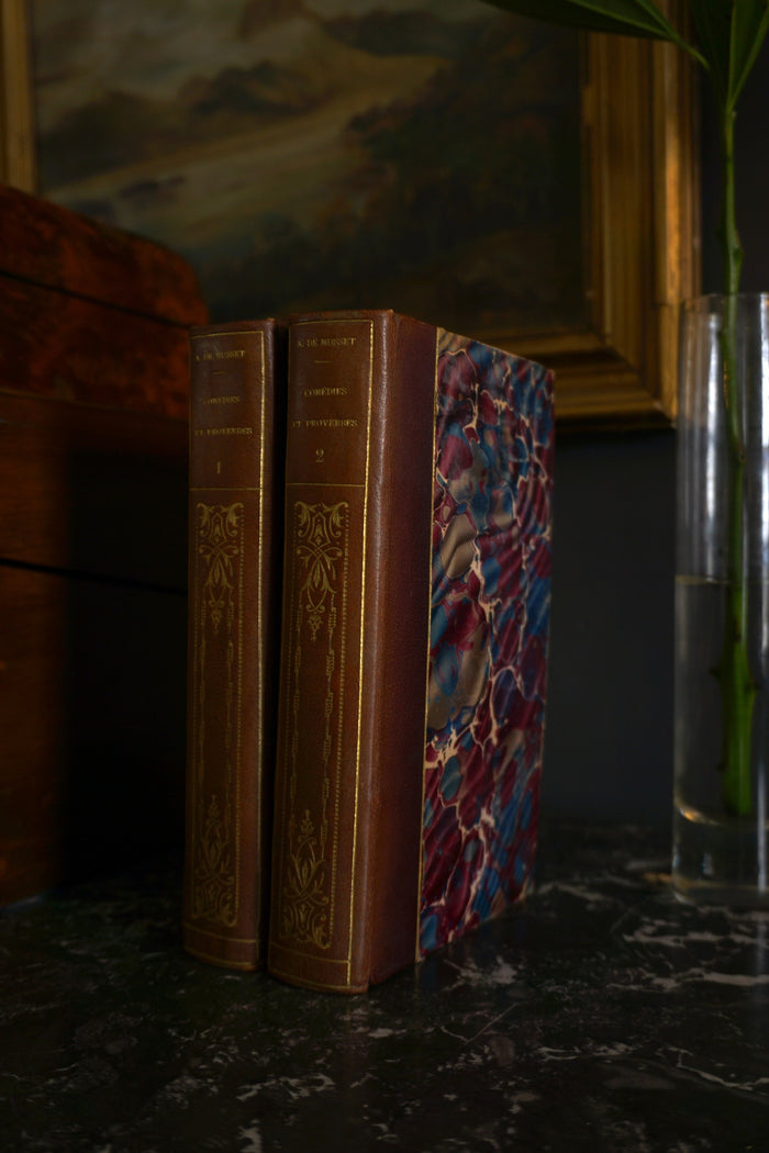 2 Vol. "Comédies et Proverbes" French Half Purple Leather Books