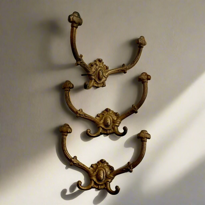 Antique Victorian Cast Brass Wall Hooks, Set of Three, Circa 1890