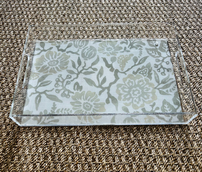 Acrylic Serving Tray with Galbraith & Paul Fabric Insert-"Primitive Flower" in Stone