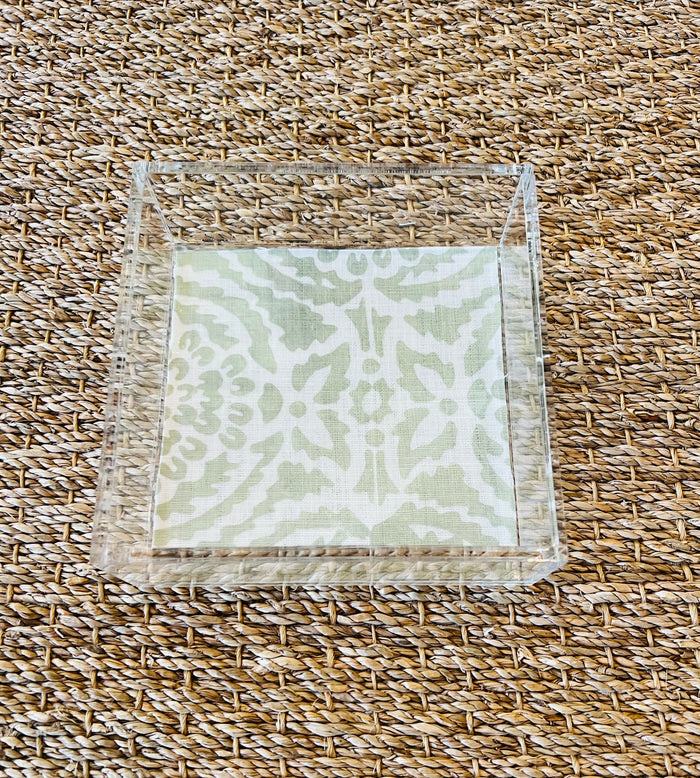 Square Acrylic Tray with Laminated Fabric - "Pomegranate" in Sage