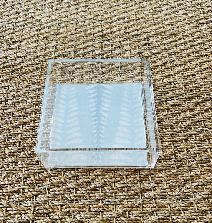 Square Acrylic Tray with Laminated Fabric - "Ferns" in Pale Blue