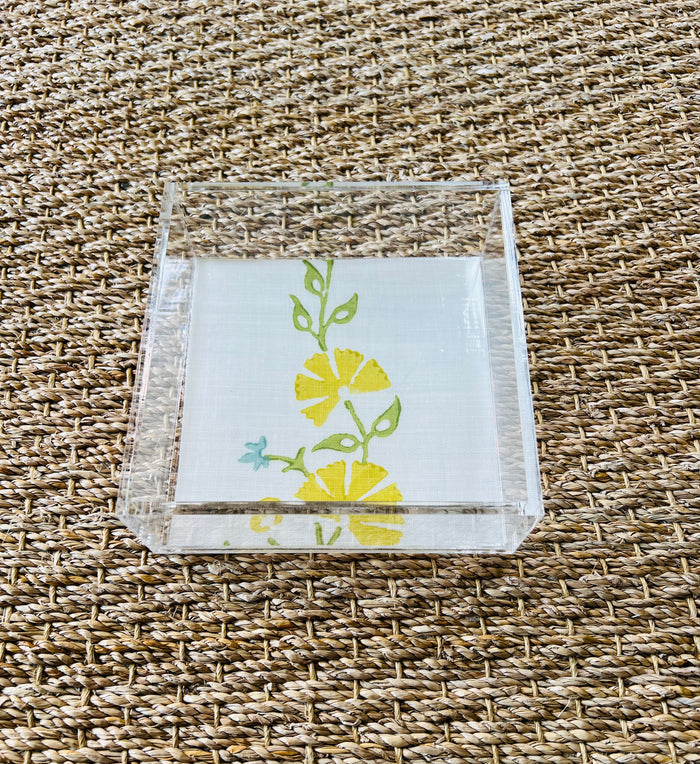 Square Acrylic Tray with Laminated Fabric - "Persian Garden" in Yellow