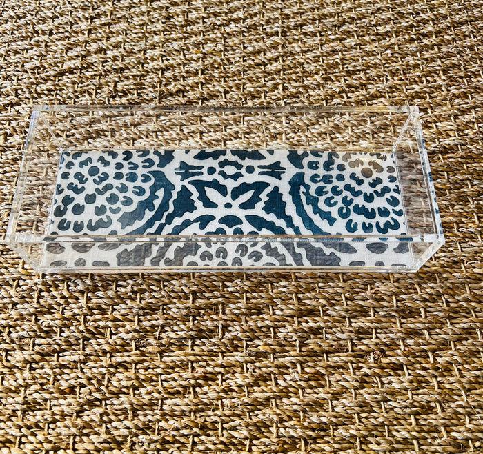 Acrylic Rectangle Tray with Laminated Insert - "Pomegranate" in Blue
