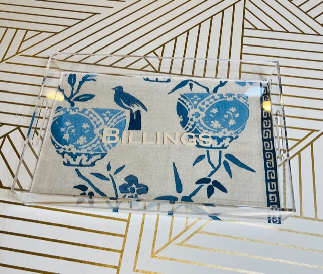 Acrylic Serving Tray with Laminated Fabric Insert- Tea House