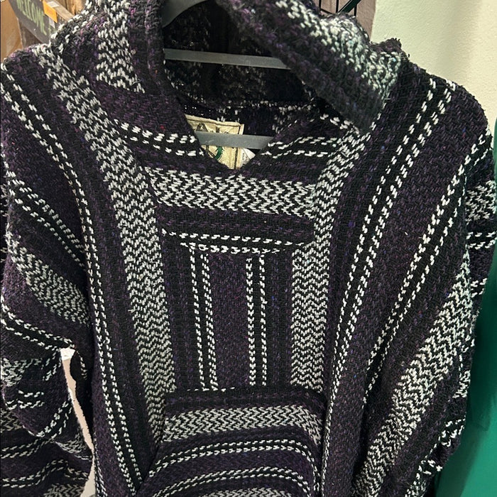 Acrylic woven hoodie, Baja Joe Mexican Poncho, Black/Purple/ White XL
