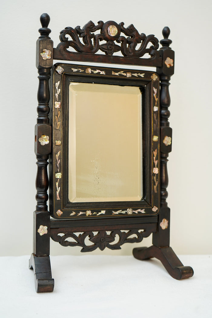 Antique Ebonized Wood & Mother-of-Pearl Vanity Tabletop Mirror
