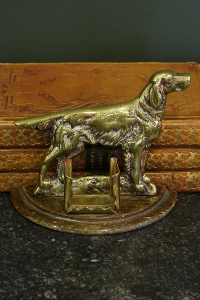 Antique English Brass Setter Dog Matchbox Holder on Wood Plinth