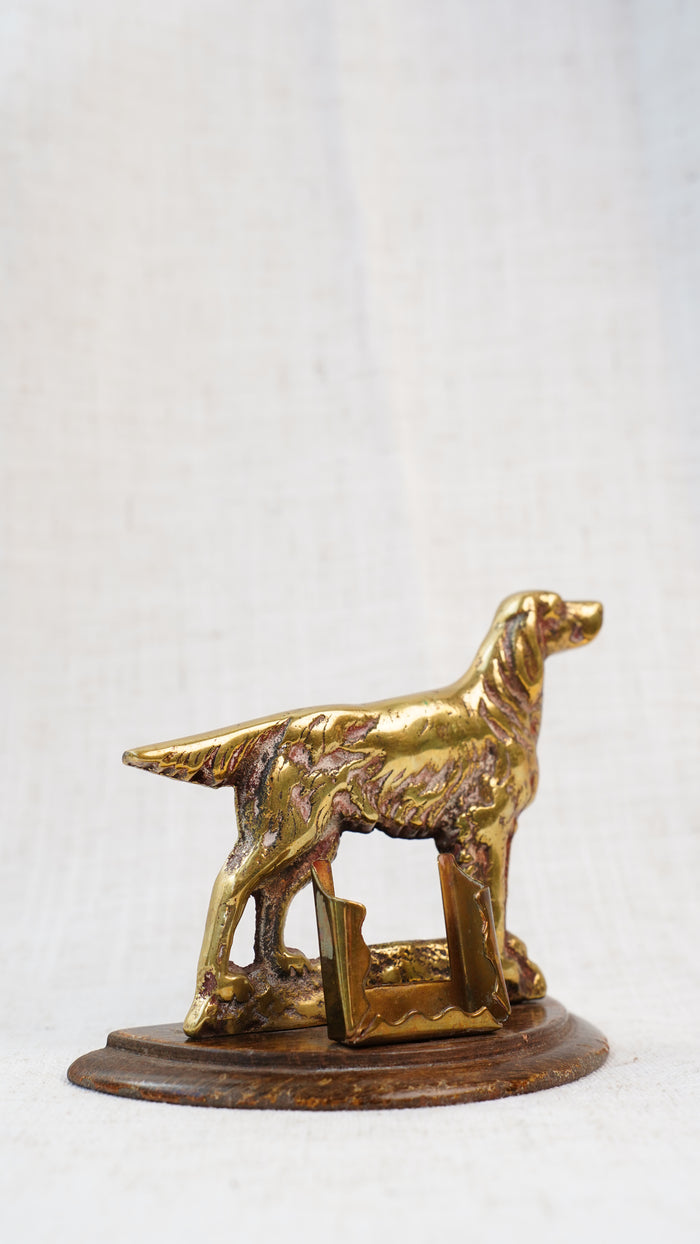 Antique English Brass Setter Dog Matchbox Holder on Wood Plinth