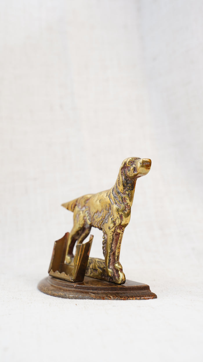 Antique English Brass Setter Dog Matchbox Holder on Wood Plinth
