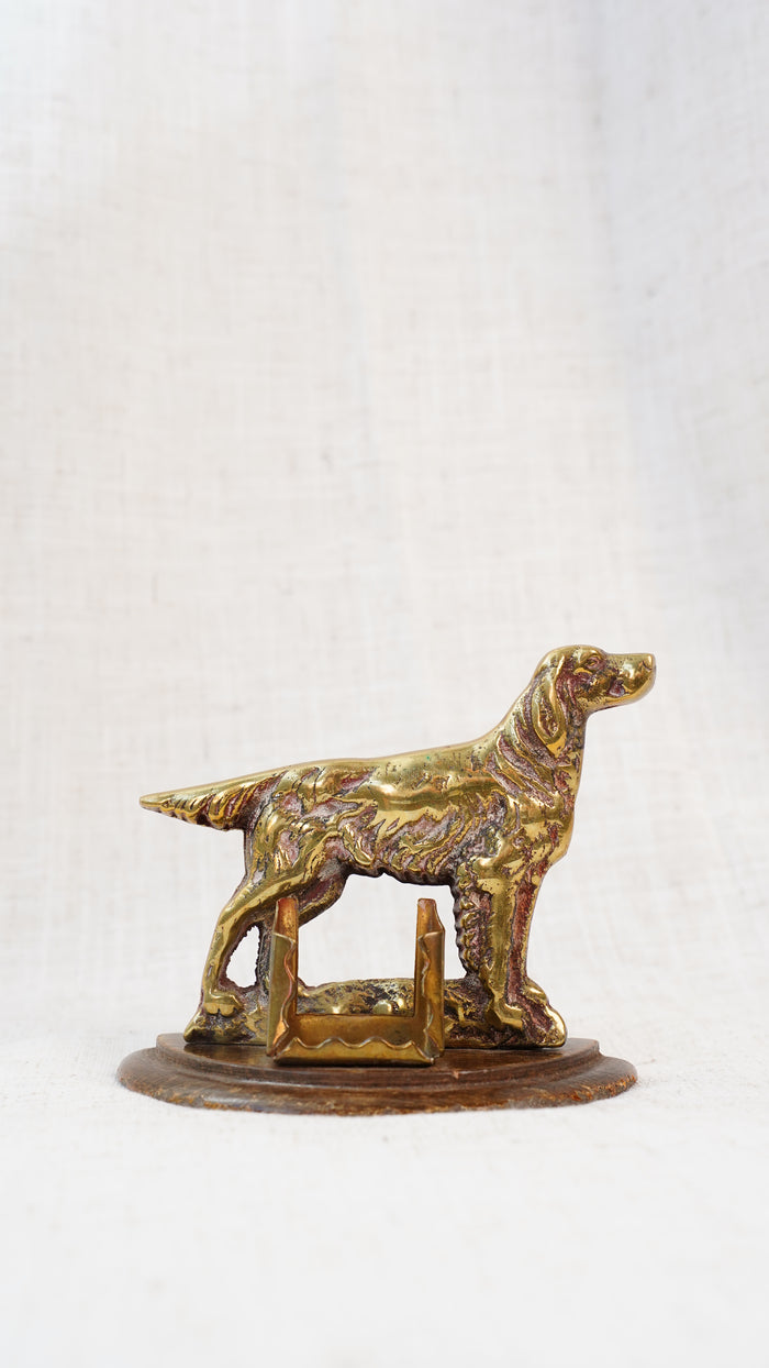 Antique English Brass Setter Dog Matchbox Holder on Wood Plinth
