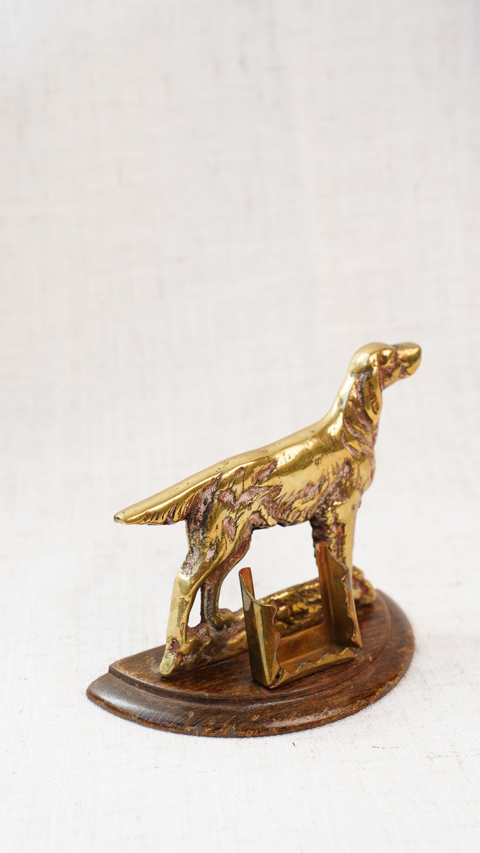 Antique English Brass Setter Dog Matchbox Holder on Wood Plinth