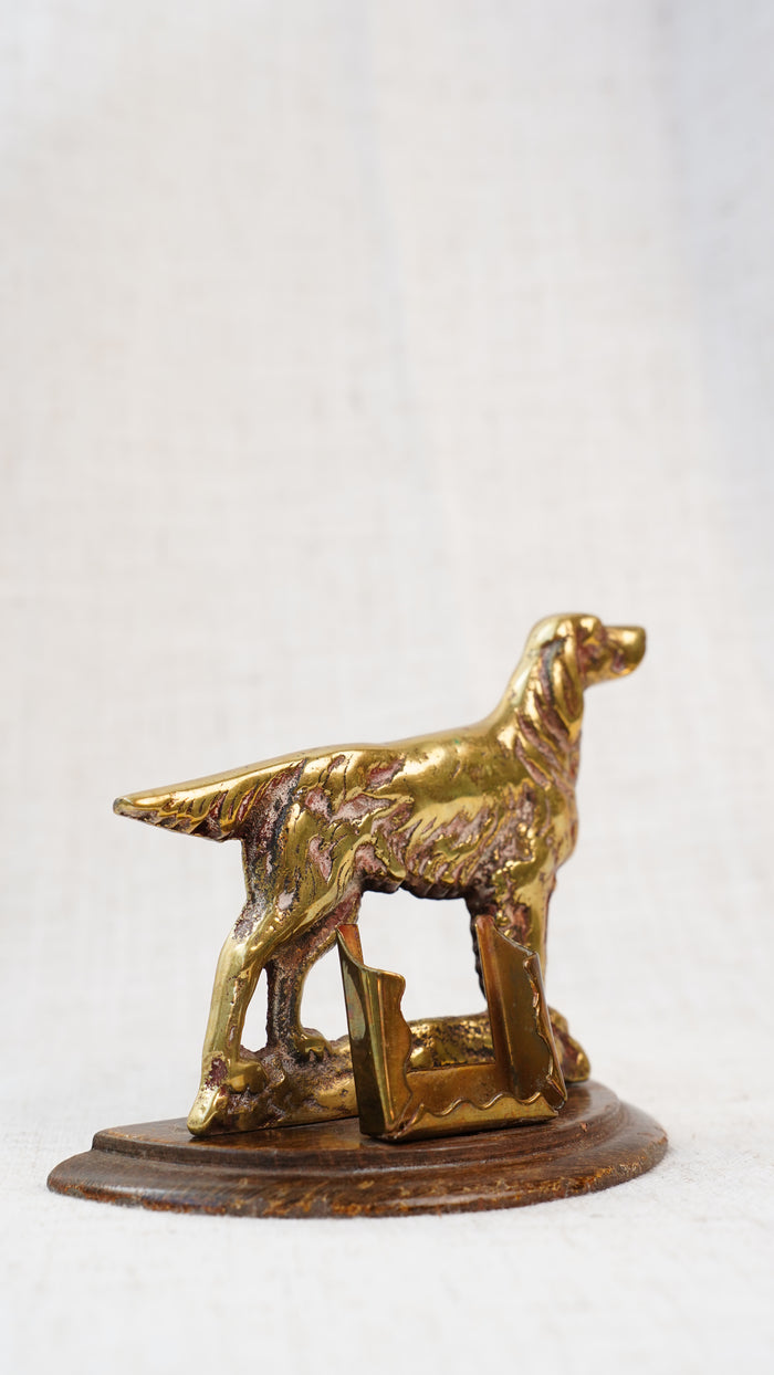 Antique English Brass Setter Dog Matchbox Holder on Wood Plinth