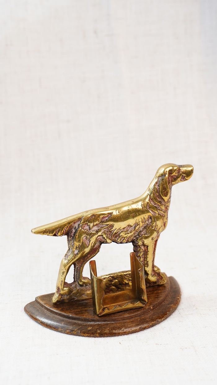 Antique English Brass Setter Dog Matchbox Holder on Wood Plinth