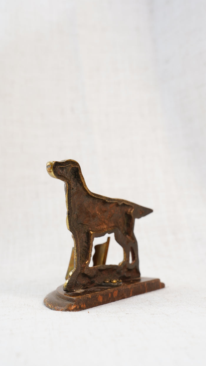 Antique English Brass Setter Dog Matchbox Holder on Wood Plinth