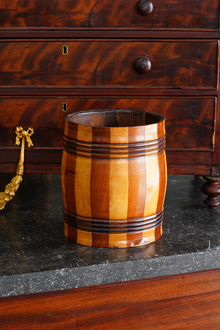 Antique English Coopered Treen Jar, Barrel Form
