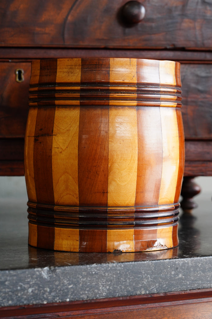 Antique English Coopered Treen Jar, Barrel Form