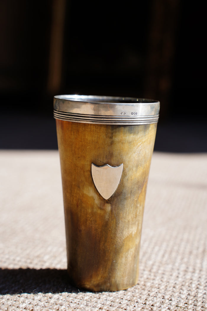 Antique English Horn Cup, Silver Rim and Irish Harp Shield, London 1880