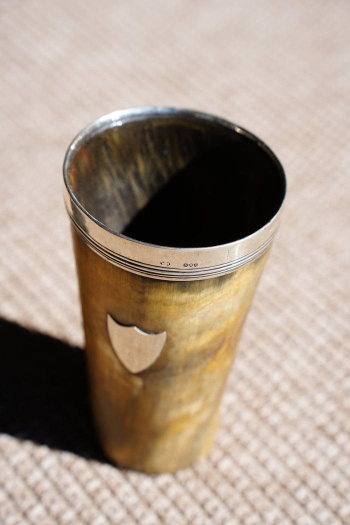 Antique English Horn Cup, Silver Rim and Irish Harp Shield, London 1880
