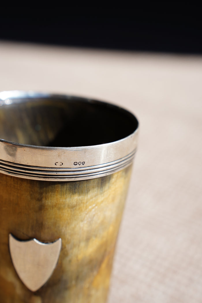 Antique English Horn Cup, Silver Rim and Irish Harp Shield, London 1880
