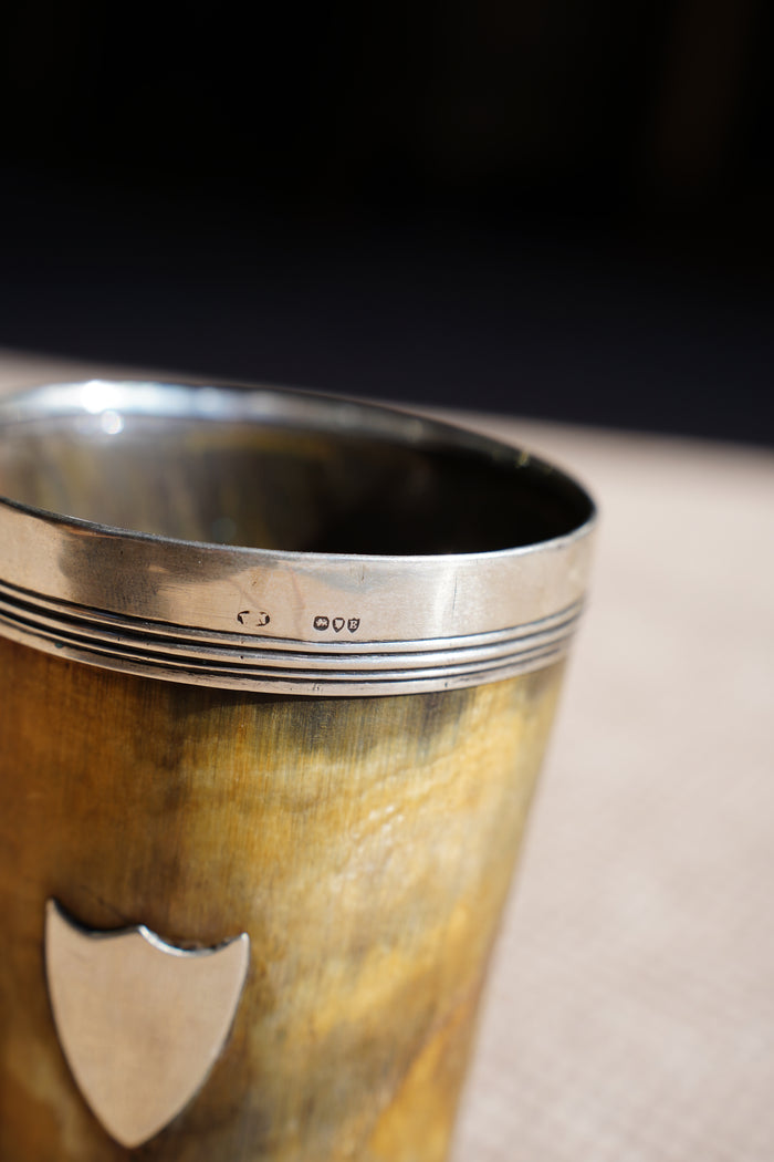 Antique English Horn Cup, Silver Rim and Irish Harp Shield, London 1880