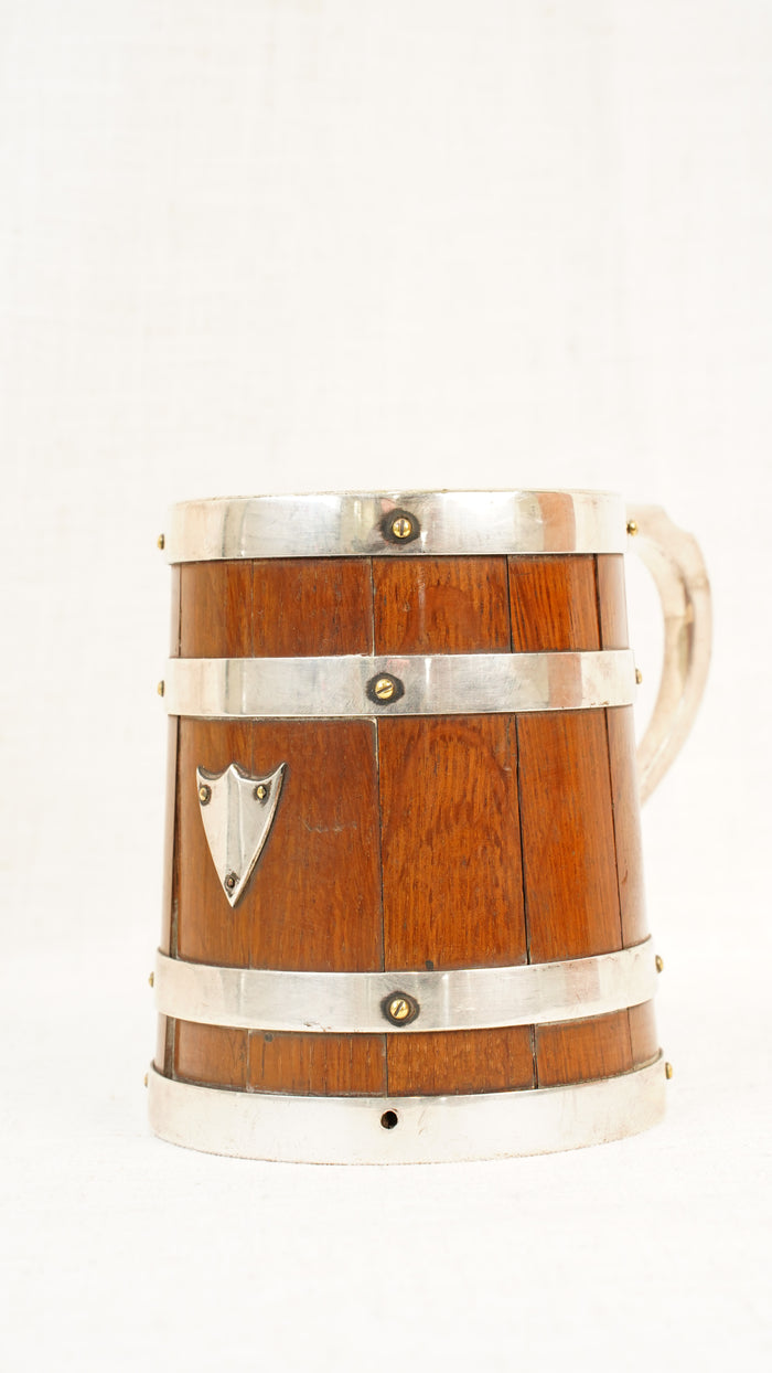 Antique English Oak and Silver Plate Tankard, Sheffield