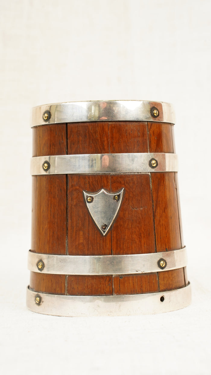 Antique English Oak and Silver Plate Tankard, Sheffield