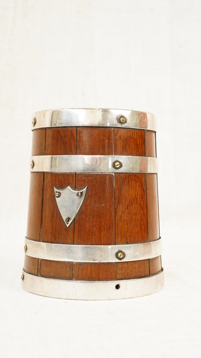 Antique English Oak and Silver Plate Tankard, Sheffield