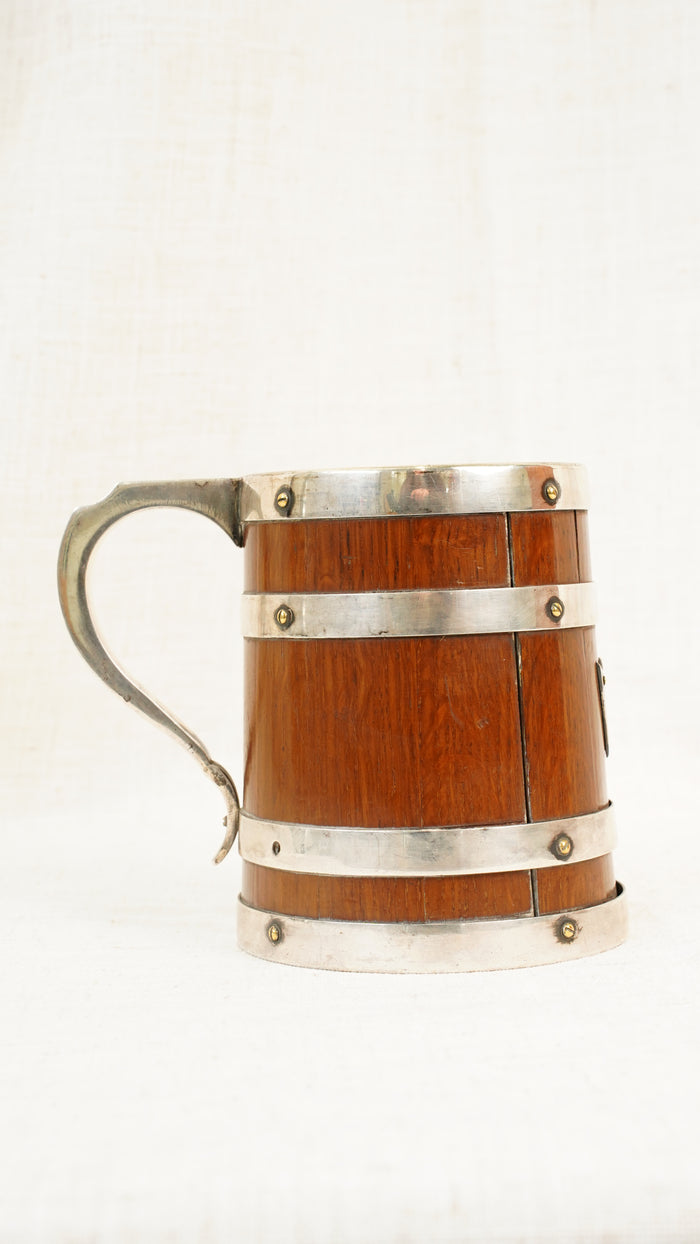 Antique English Oak and Silver Plate Tankard, Sheffield