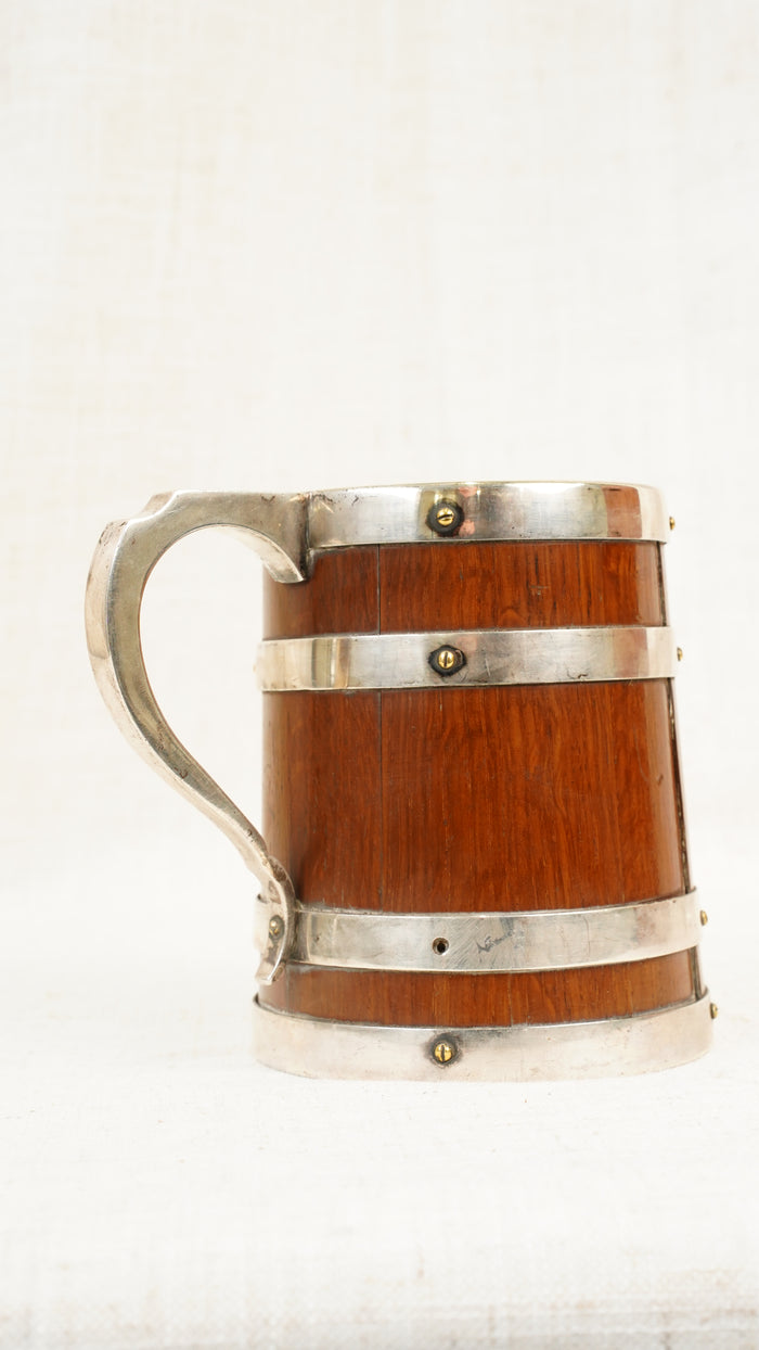 Antique English Oak and Silver Plate Tankard, Sheffield