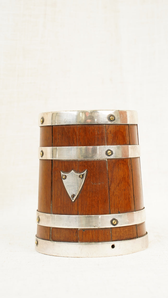 Antique English Oak and Silver Plate Tankard, Sheffield