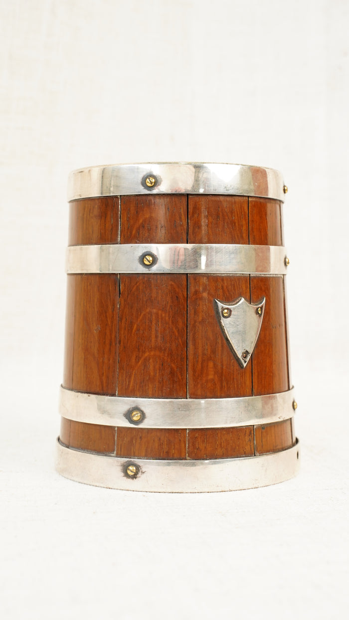 Antique English Oak and Silver Plate Tankard, Sheffield