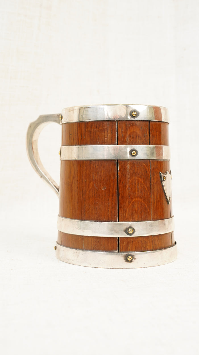 Antique English Oak and Silver Plate Tankard, Sheffield