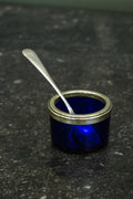 Antique English Silver Plate Salt Cellars with Cobalt Blue Glass Liners and Spoons