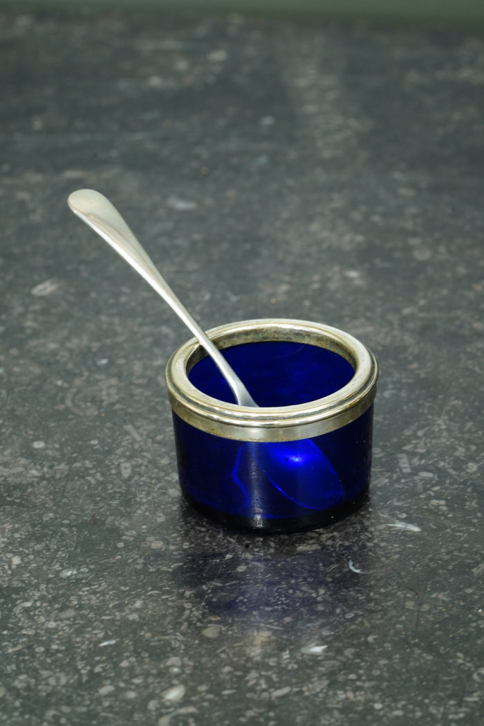 Antique English Silver Plate Salt Cellars with Cobalt Blue Glass Liners and Spoons