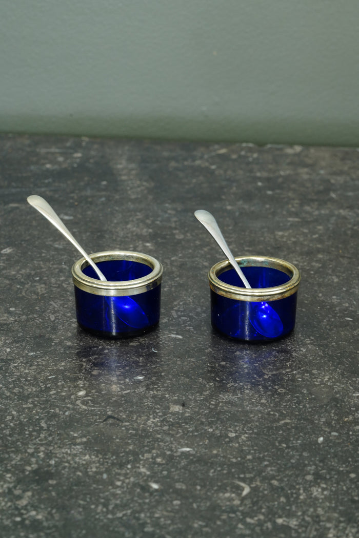 Antique English Silver Plate Salt Cellars with Cobalt Blue Glass Liners and Spoons
