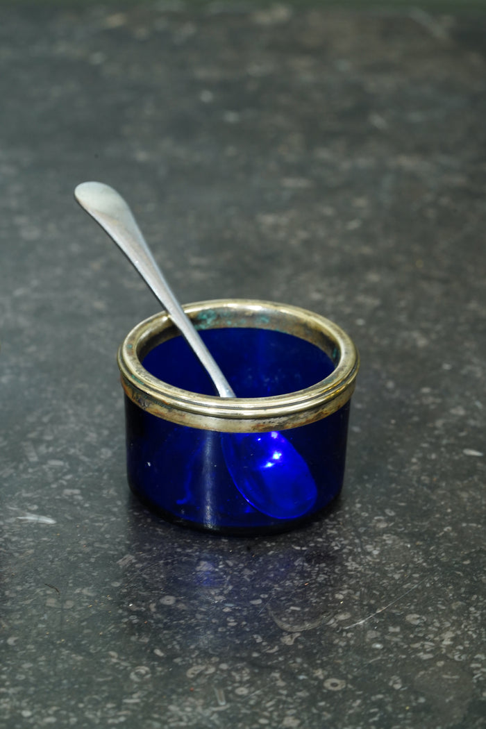 Antique English Silver Plate Salt Cellars with Cobalt Blue Glass Liners and Spoons