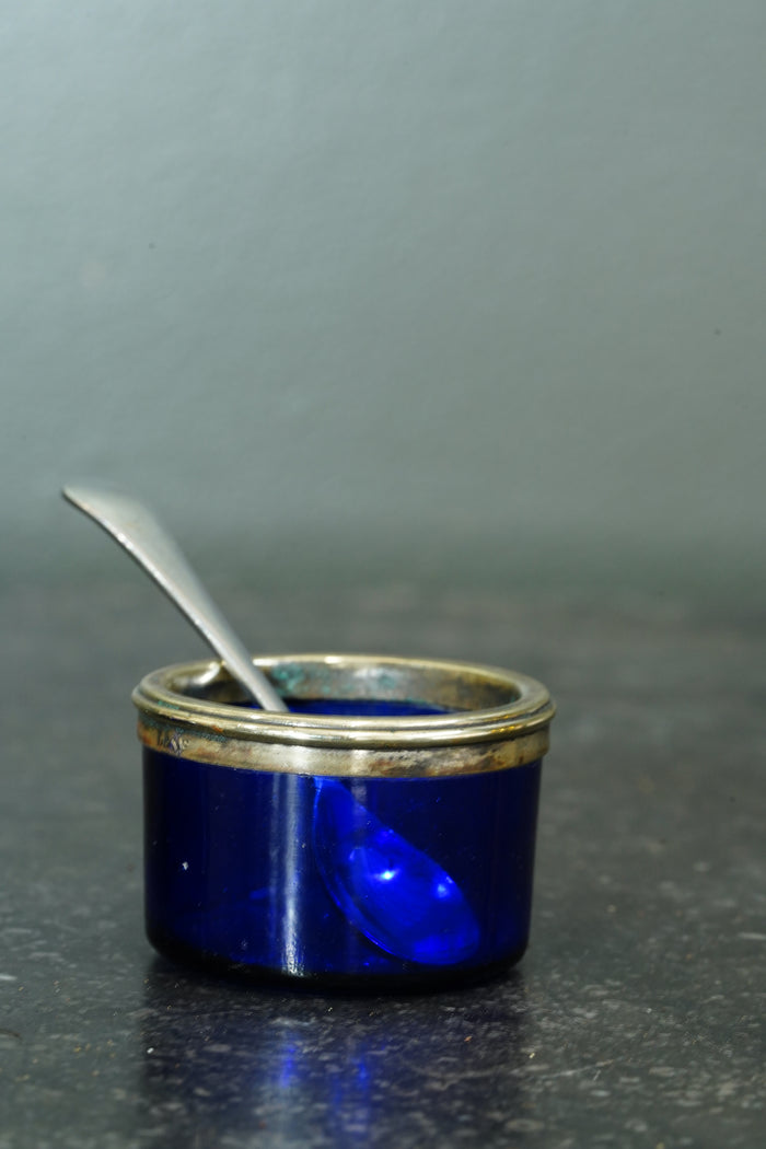 Antique English Silver Plate Salt Cellars with Cobalt Blue Glass Liners and Spoons
