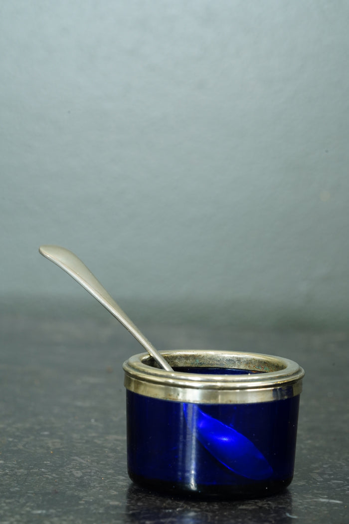 Antique English Silver Plate Salt Cellars with Cobalt Blue Glass Liners and Spoons