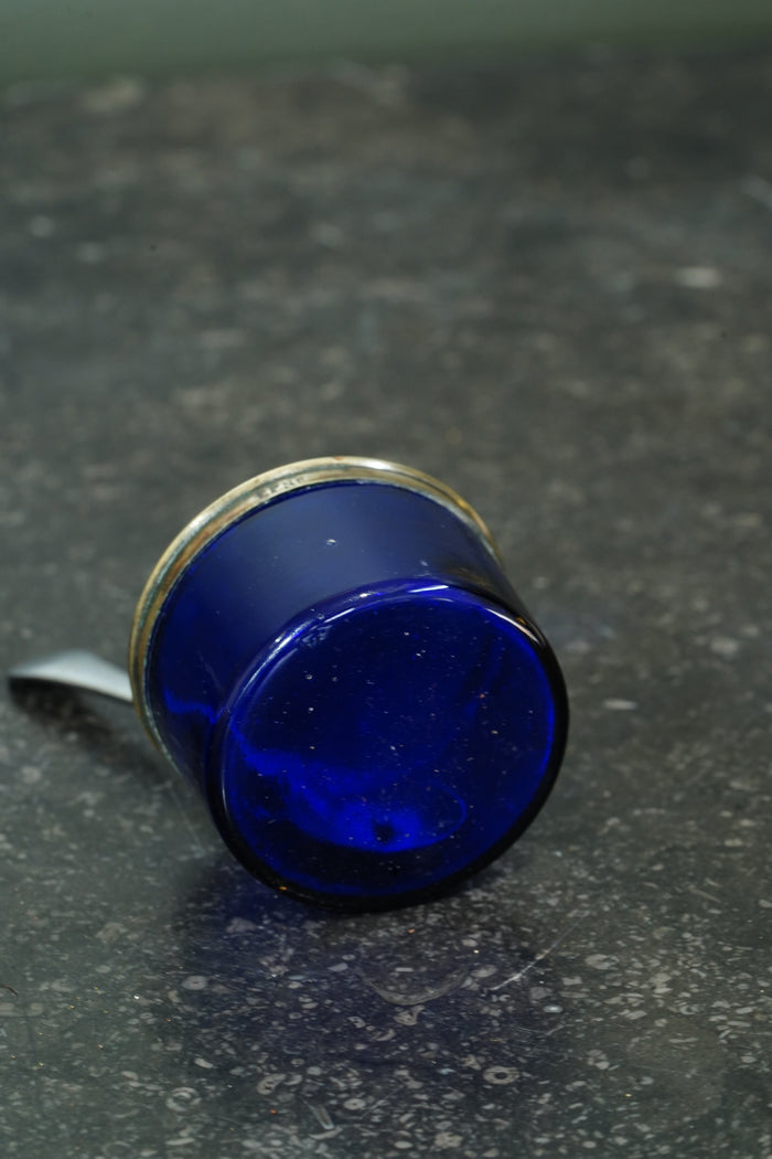 Antique English Silver Plate Salt Cellars with Cobalt Blue Glass Liners and Spoons