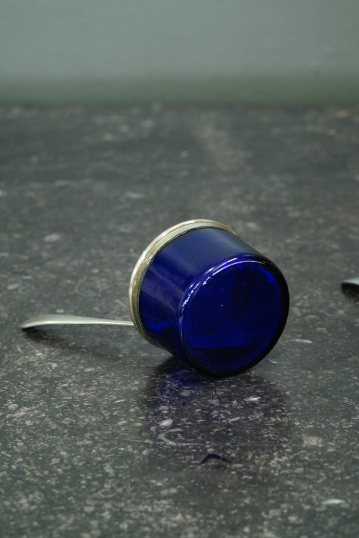 Antique English Silver Plate Salt Cellars with Cobalt Blue Glass Liners and Spoons