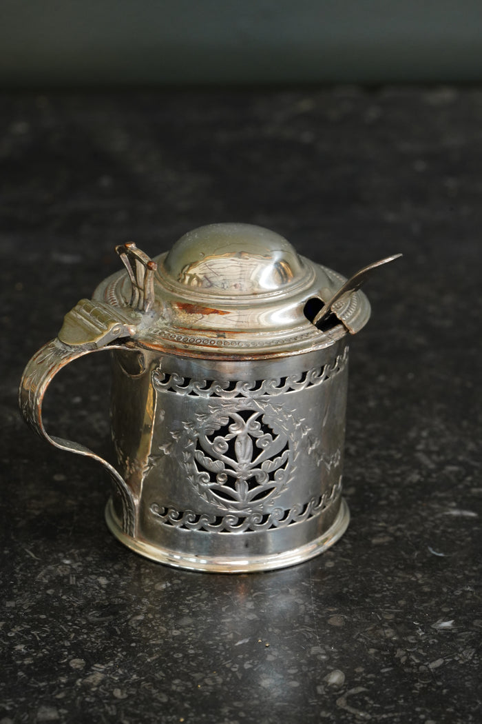 Antique English Silverplate Mustard Pot with Sterling Spoon