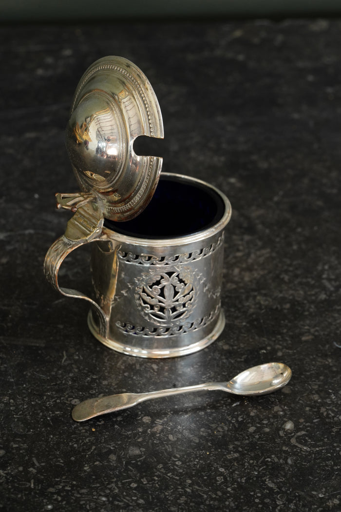 Antique English Silverplate Mustard Pot with Sterling Spoon