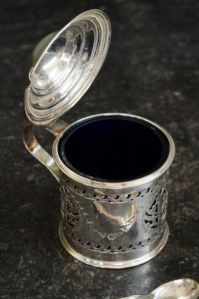 Antique English Silverplate Mustard Pot with Sterling Spoon