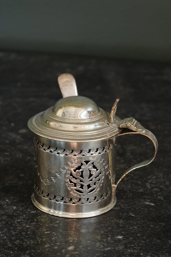 Antique English Silverplate Mustard Pot with Sterling Spoon