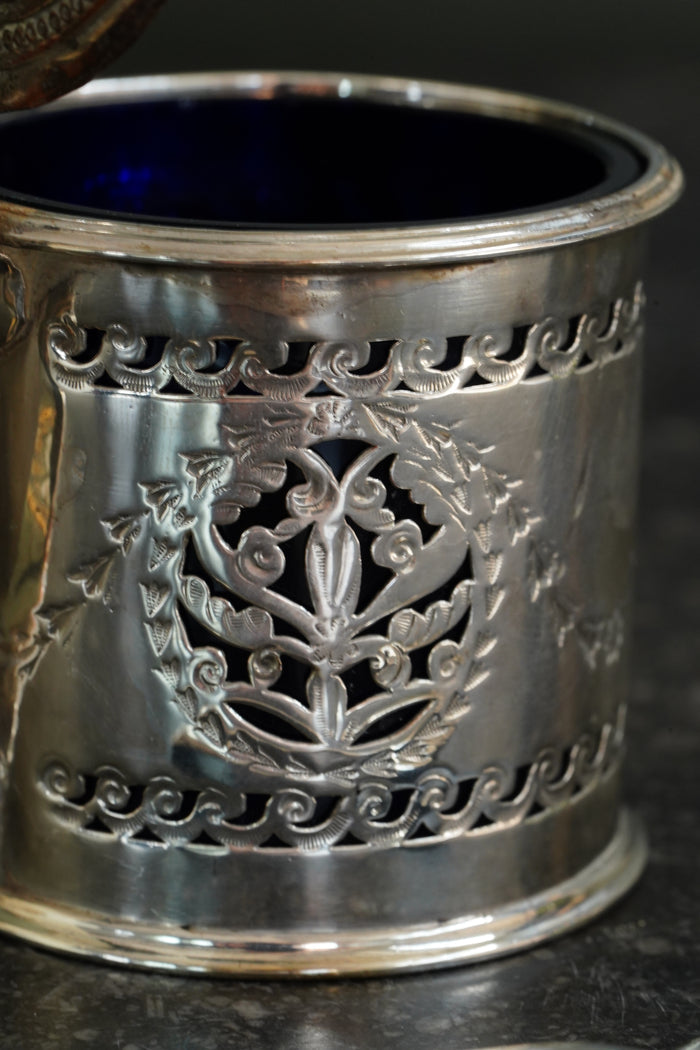 Antique English Silverplate Mustard Pot with Sterling Spoon