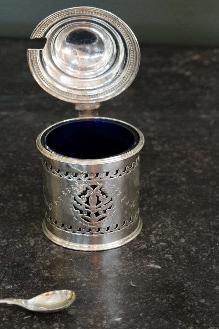 Antique English Silverplate Mustard Pot with Sterling Spoon