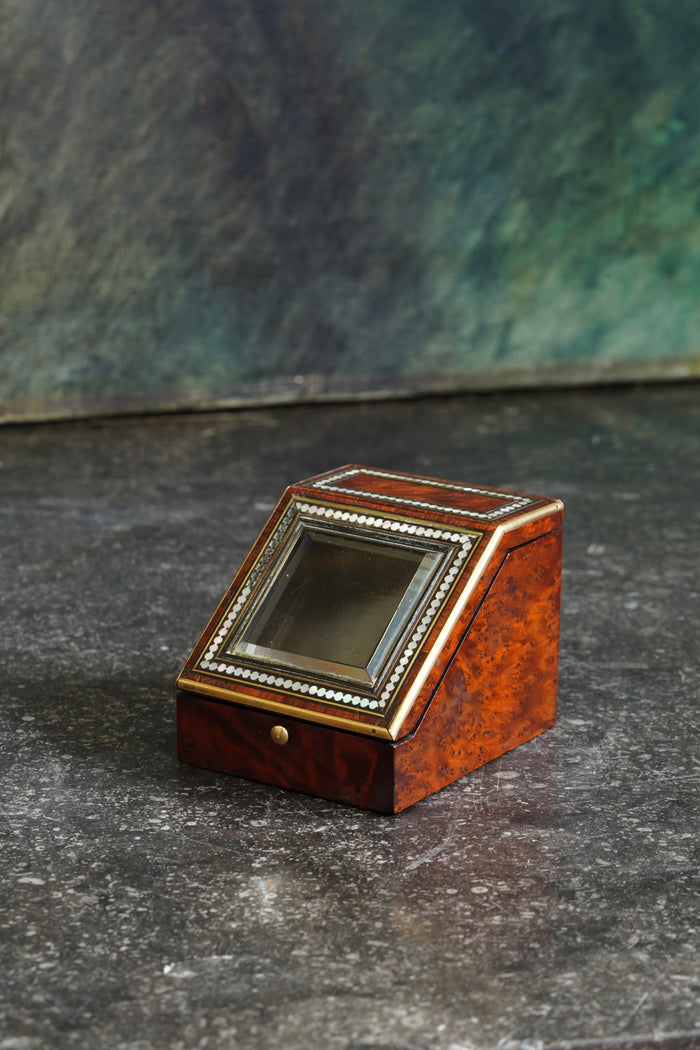 Antique Napoleon III Pocket Watch Holder Burl Wood with Mother-of-Pearl Inlay