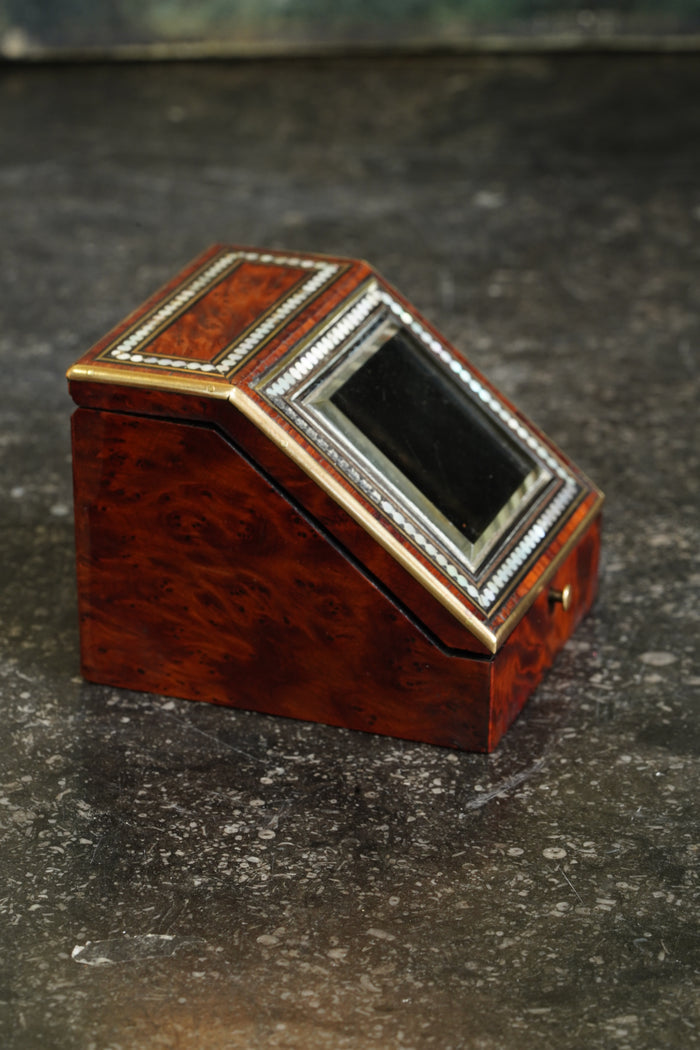 Antique Napoleon III Pocket Watch Holder Burl Wood with Mother-of-Pearl Inlay